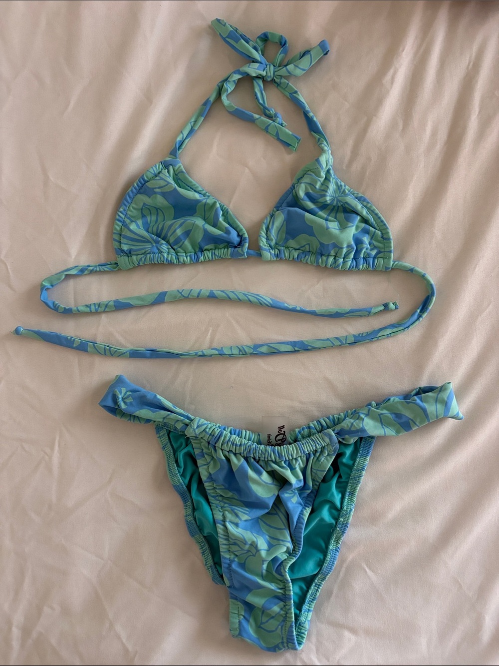 Betty Doll Bikinis Blue Green Tropical Print Triangle Bikini